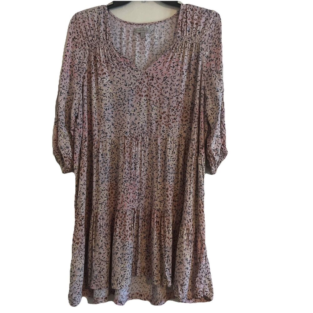 Wonderly Curvy Dress Women’s 1X Beige Floral Peasant 1/2 Sleeve Boho Tiered Midi
